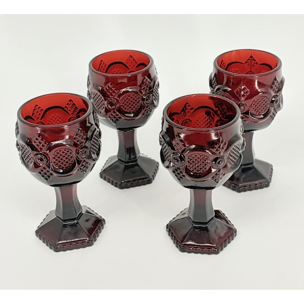 Vintage Avon Cape Cod Ruby Red Glasses Wine Cordial Goblets Small Lot Of 4